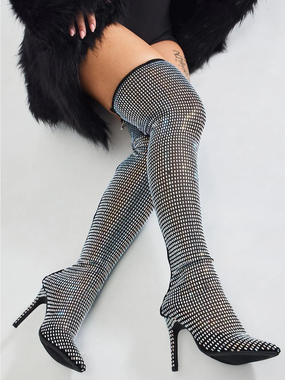 Fashion Nova Under The Disco Ball Over The Knee Rhinestone Boots Black Size 8.5